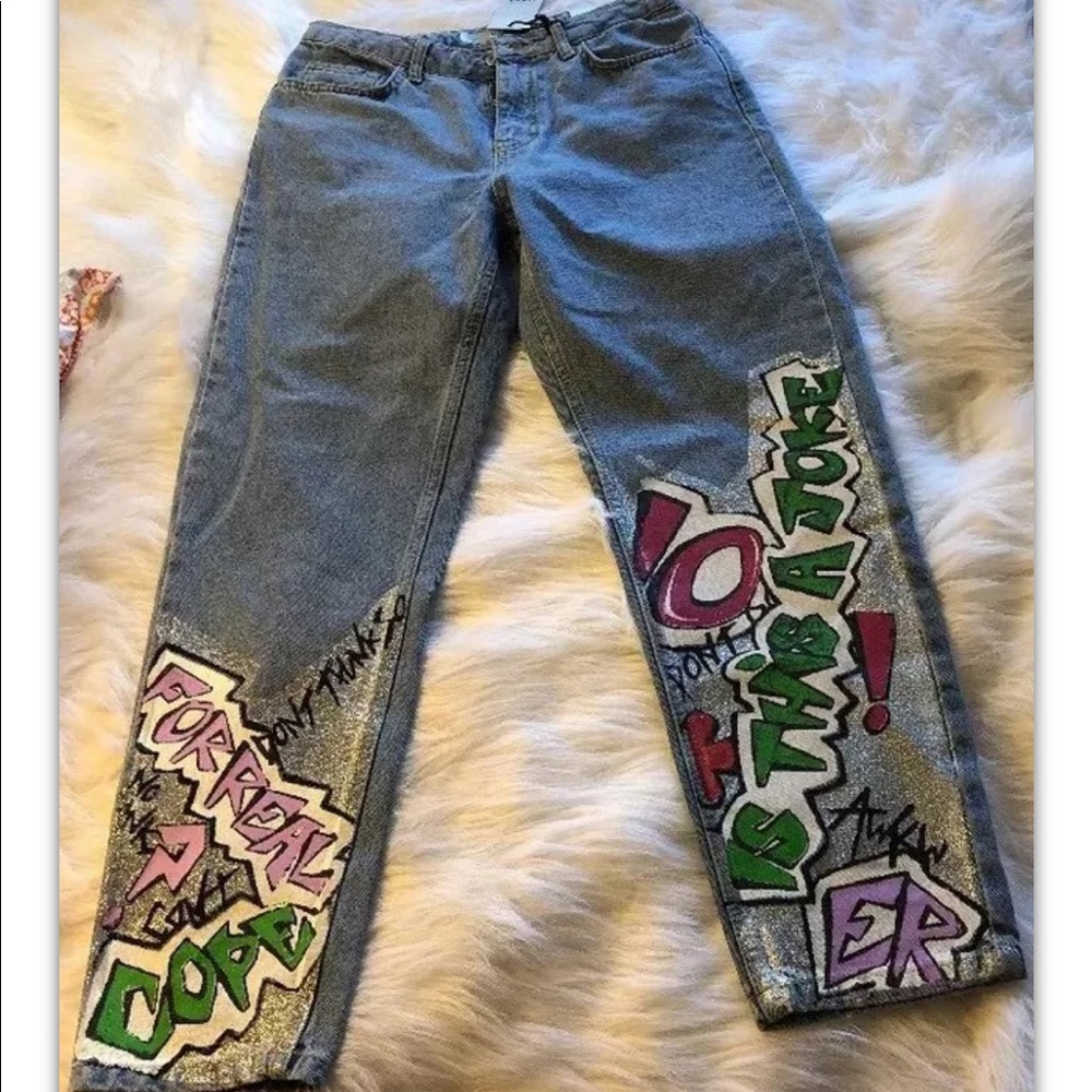 Topshop Womens Moto Mom High Waist Graffiti Jeans